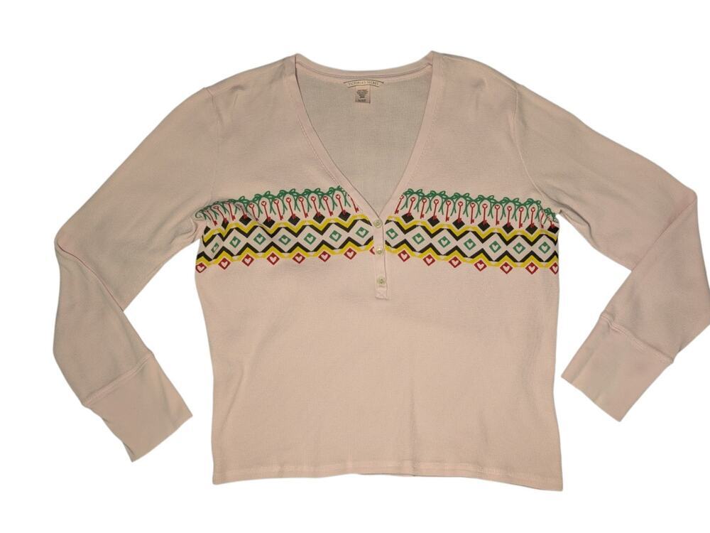 Victoria's Secret Women's XL Embroidered Henley Top Pink Waffle Knit Thermal - Picture 1 of 6